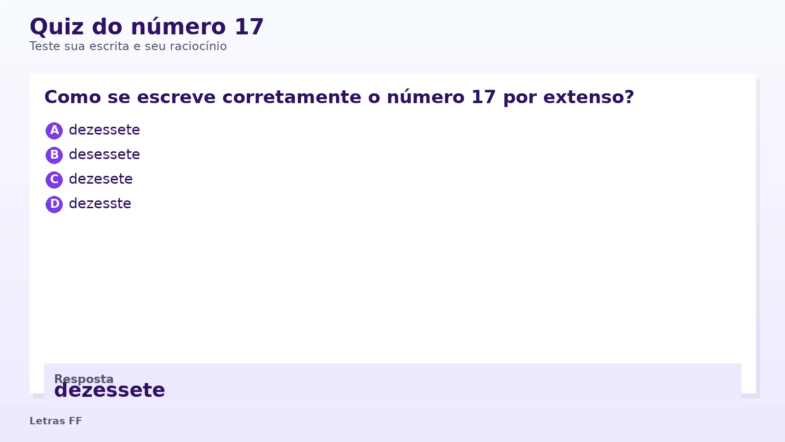 Cartão de quiz com perguntas sobre o número 17