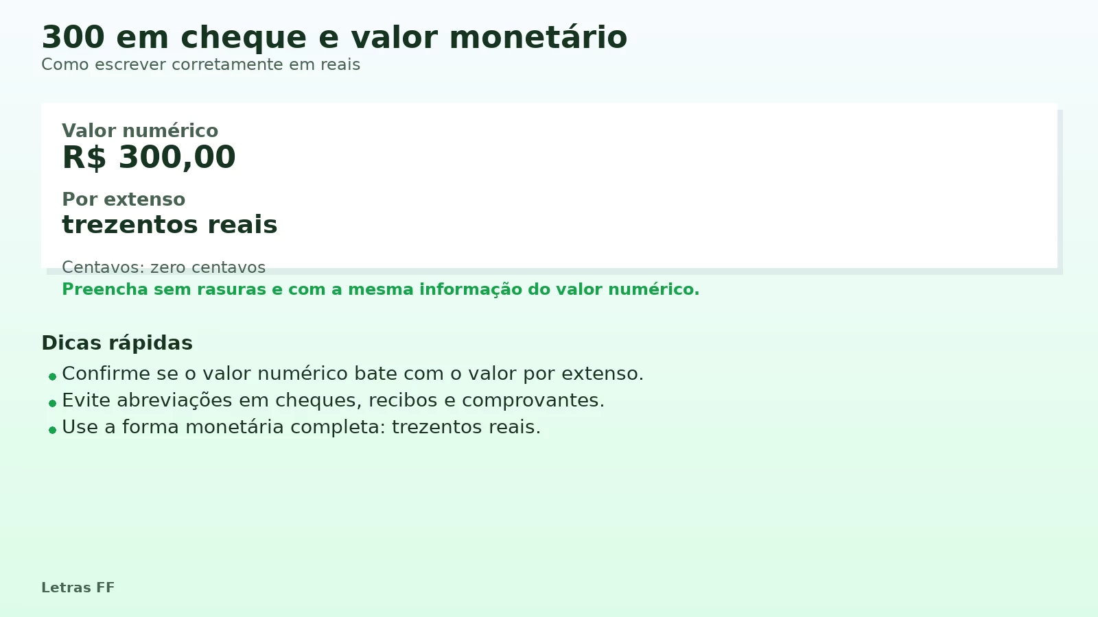 Guia visual mostrando como escrever 300 em cheque e valor monetário