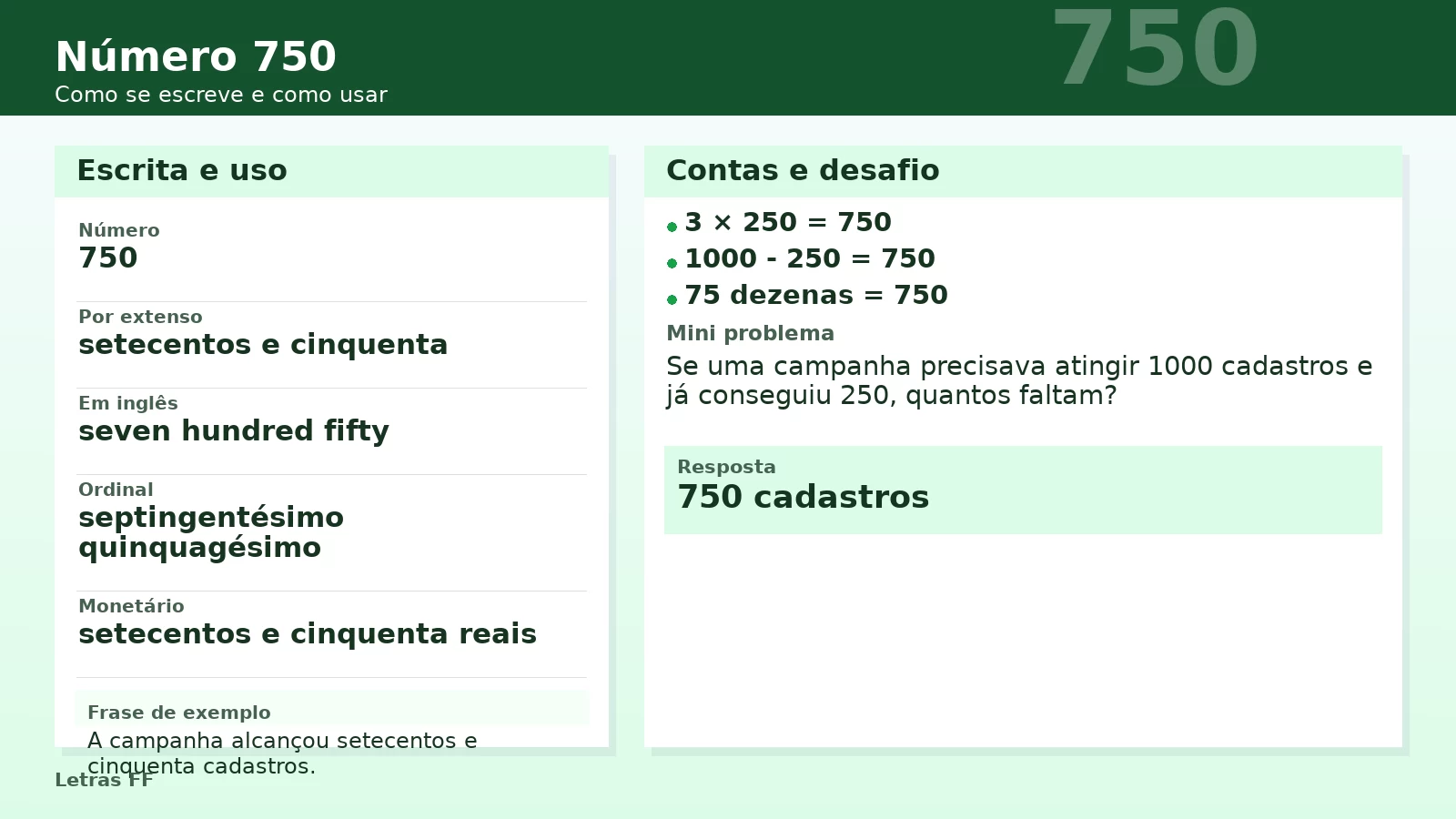 Slide didático com o número 750 por extenso, metas e agrupamentos